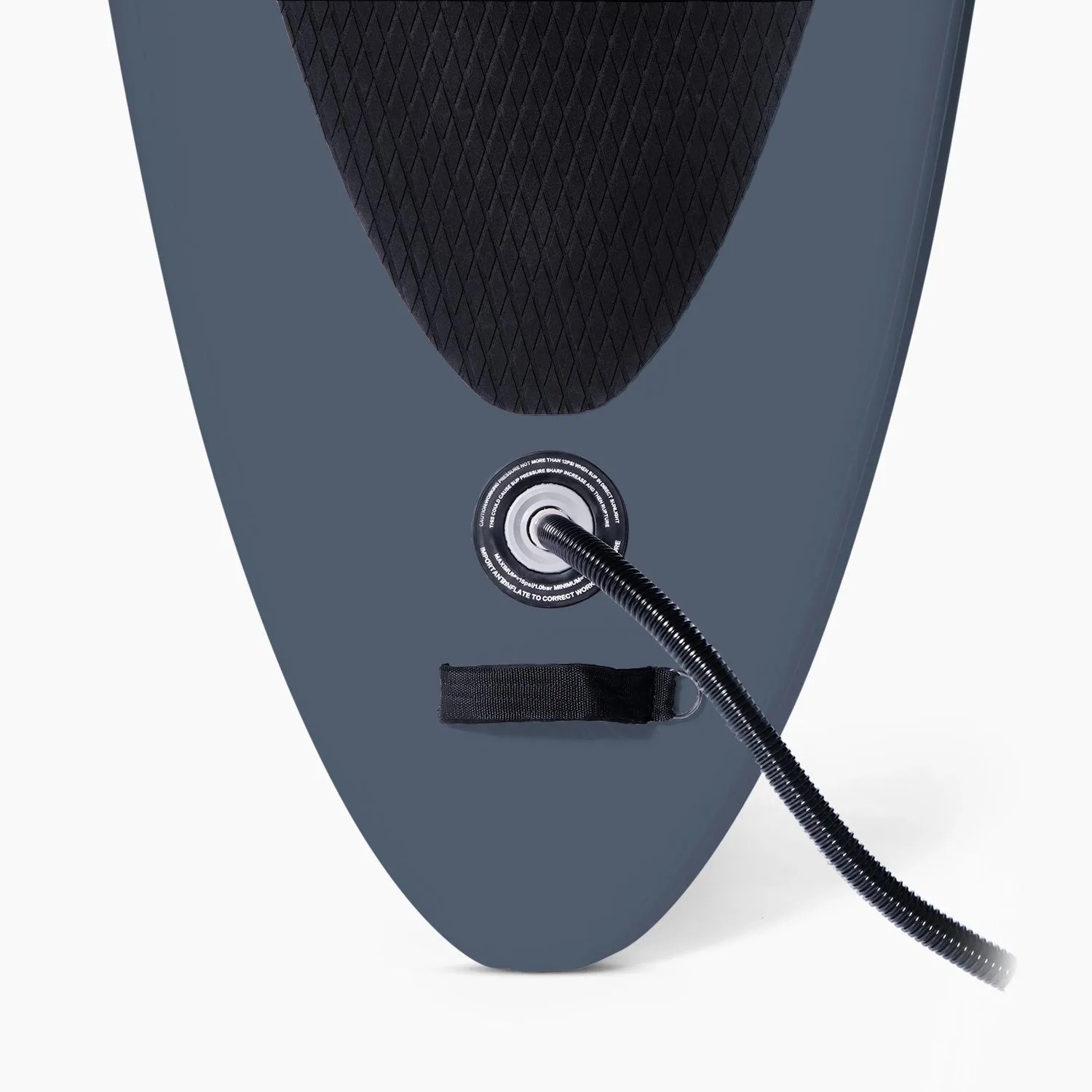 Graues Suprfit SUP Board Lailani Heck mit schwarzer Leash und Griff. Wassersport Paddelboard Detail.