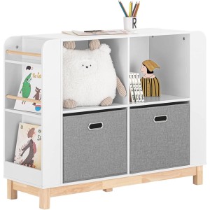 Weißes SoBuy Kinderregal KMB85-W mit 4 Fächern, 2 Stoffboxen und Ablagen für Bücher im Kinderzimmer.