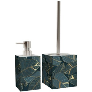 SANILO Bad-Set mit Seifenspender und WC-Bürste, Monstera-Design.
