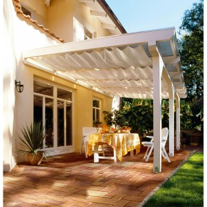 Skan Holz Sonnensegel, weiß, für Terrassenüberdachung 434 cm breit. Komplett-Set mit Befestigung.