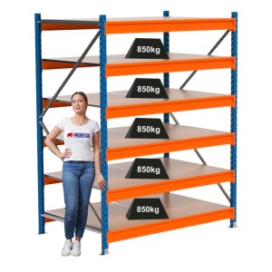 PROREGAL Industrie Weitspannregal Lagerregal MAXIMUS PRO Grundregal HxBxT 200x150x100cm 6 Spanplatten-Fachboden Fachlast 850kg Blau/Orange
