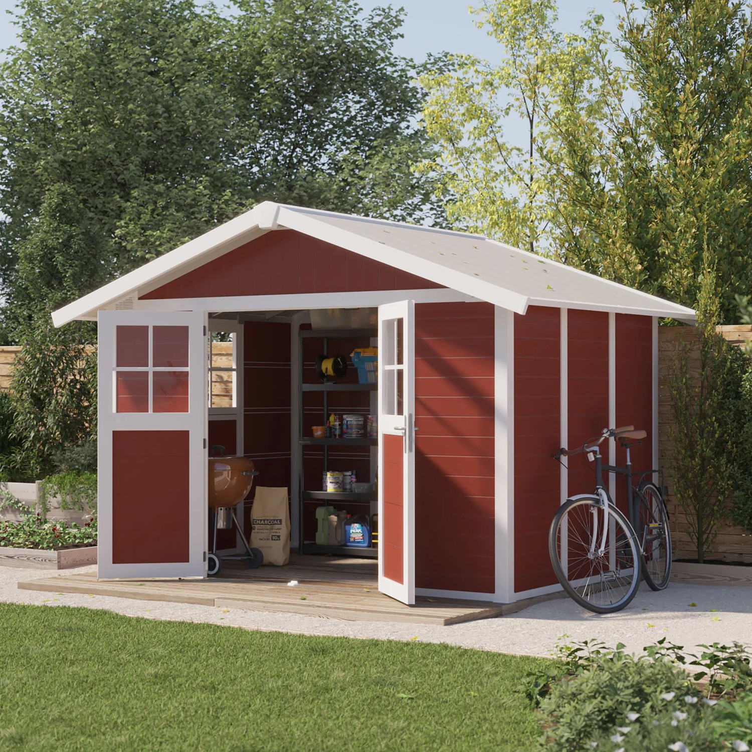 Rotes Grosfillex Kunststoff-Gartenhaus Deco H 7.5 mit Doppeltür und Fahrrädern im Garten.