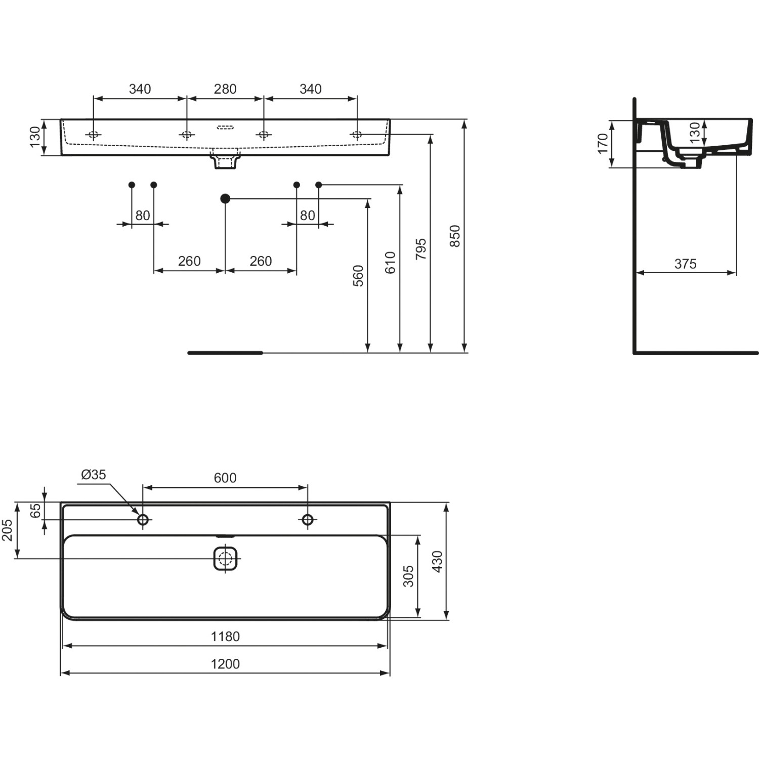 Technische Zeichnung: Ideal Standard Strada II Waschtisch, 120x43 cm, 2 Hahnlöcher, Überlauf, Maße.