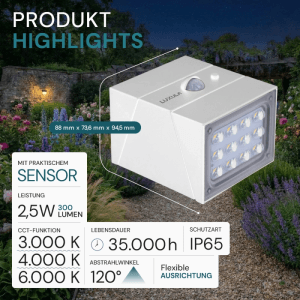 LUXULA Solar Wandleuchte 300lm 3000- 6000K Warm- Kaltweiß Bewegungsmelder PIR Sensor Drehbare Hauswandleuchte Weiß