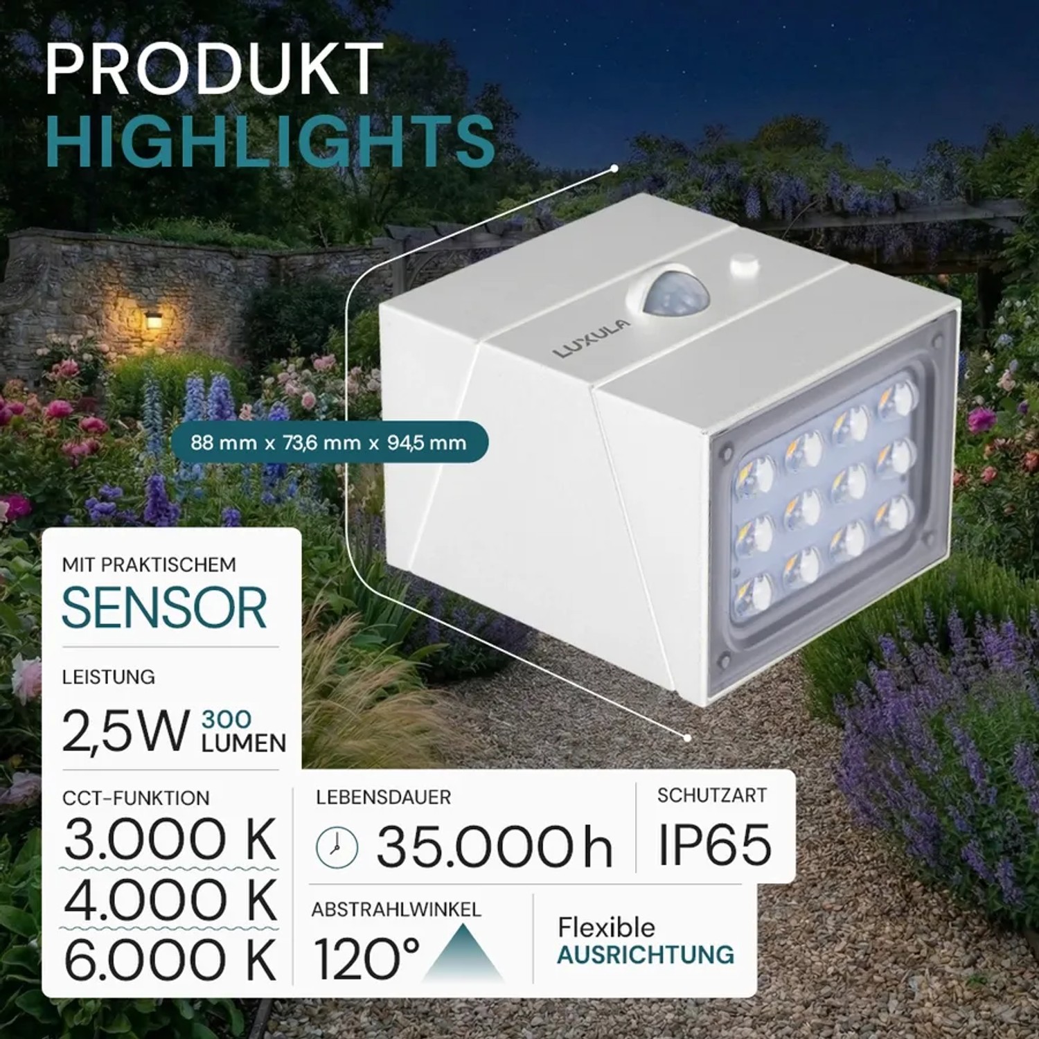 LUXULA Solar Wandleuchte 300lm 3000- 6000K Warm- Kaltweiß Bewegungsmelder PIR Sensor Drehbare Hauswandleuchte Weiß_2