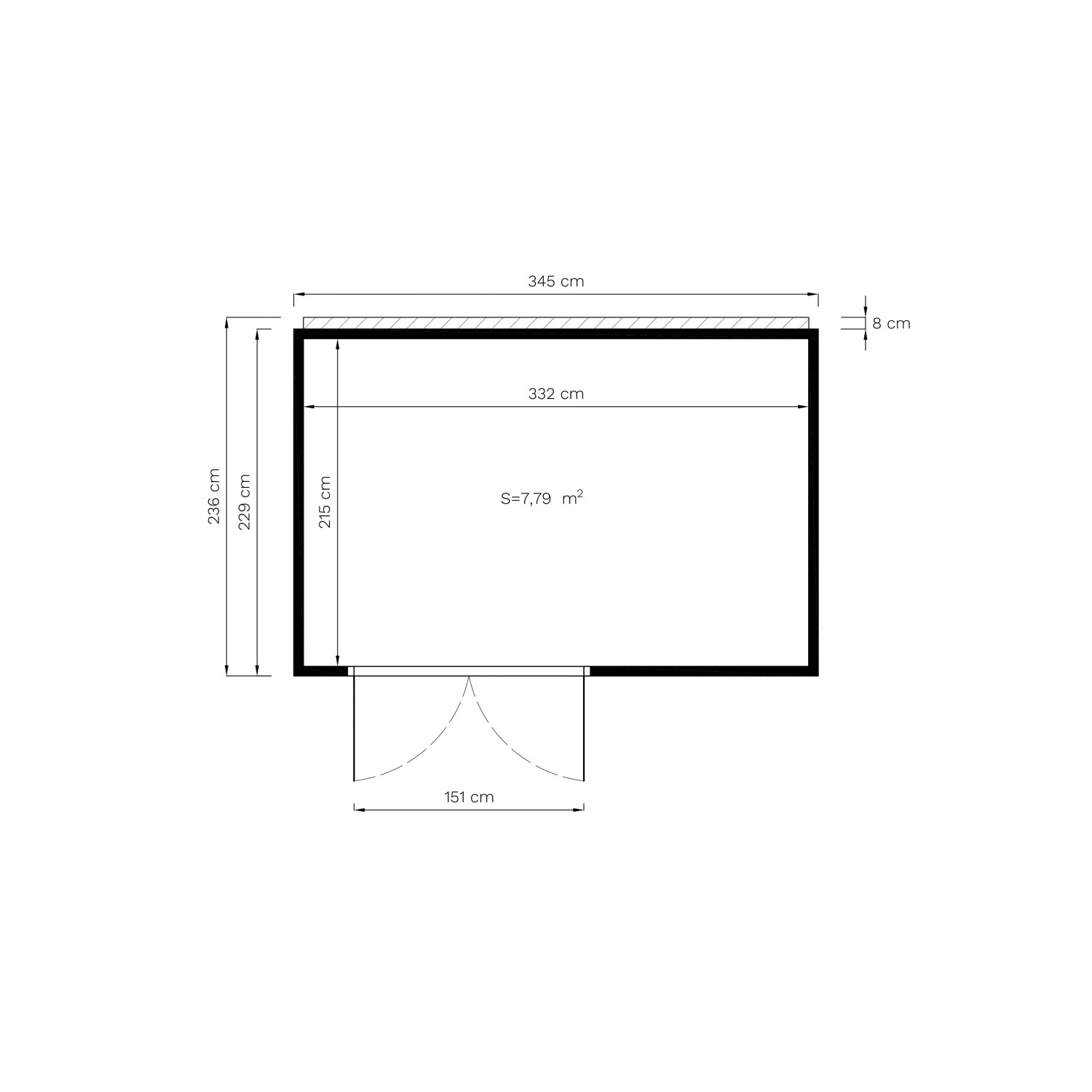 Grundriss Bertilo Gartenhaus HPL 2 Italian Walnut, 345x229 cm, mit Maßangaben.