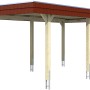 Skan Holz Carport Wendland Eiche hell mit roter Blende und EPDM-Dach, Ansicht von schräg unten.