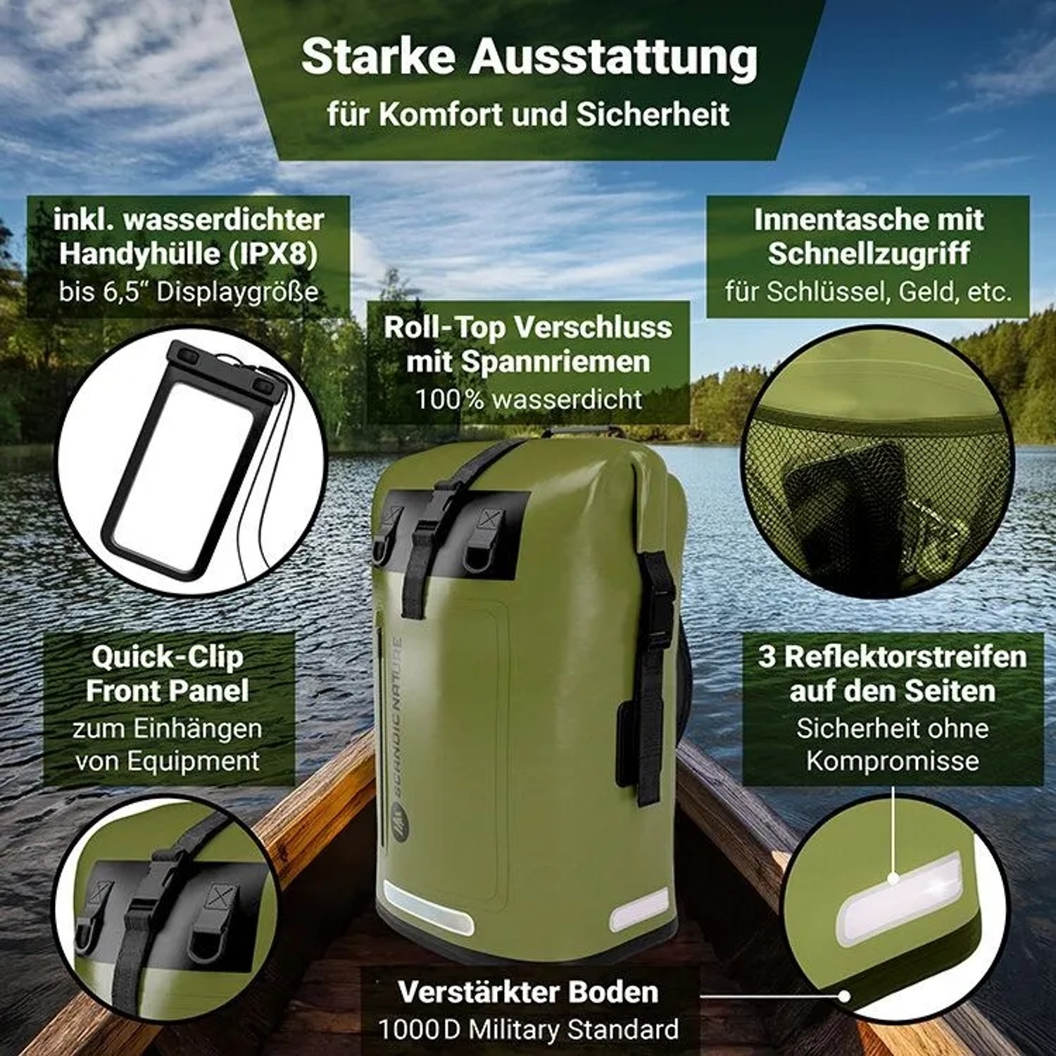Olivgrüner SCANDIC NATURE 55L Roll-Top Rucksack im Boot. Wasserdicht, mit Reflektoren, verstärktem Boden und Handyhülle. Für Outdoor, Trekking.