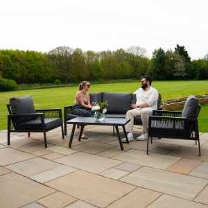 Jardi 4-teilige Aluminium Sofagarnitur anthrazitgrau mit schwarzer Rattan-Aufbewahrungsbox.