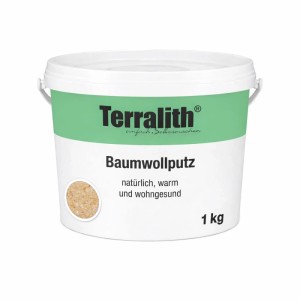 Terralith Baumwollputz Flüssigtapete, 1 kg, in weißem Eimer mit grünem Etikett und beiger Baumwolltextur.