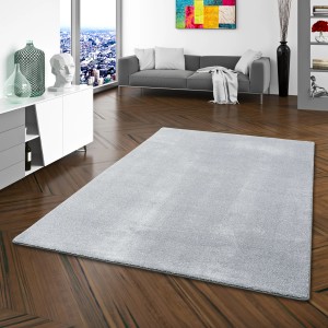 Grauer Snapstyle Hochflor Teppich 200x250cm im Wohnzimmer auf Holzboden.