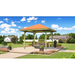Weka Pavillon Gartenoase 651, 333x333 cm, mit rotbraunen Dachschindeln im Garten.
