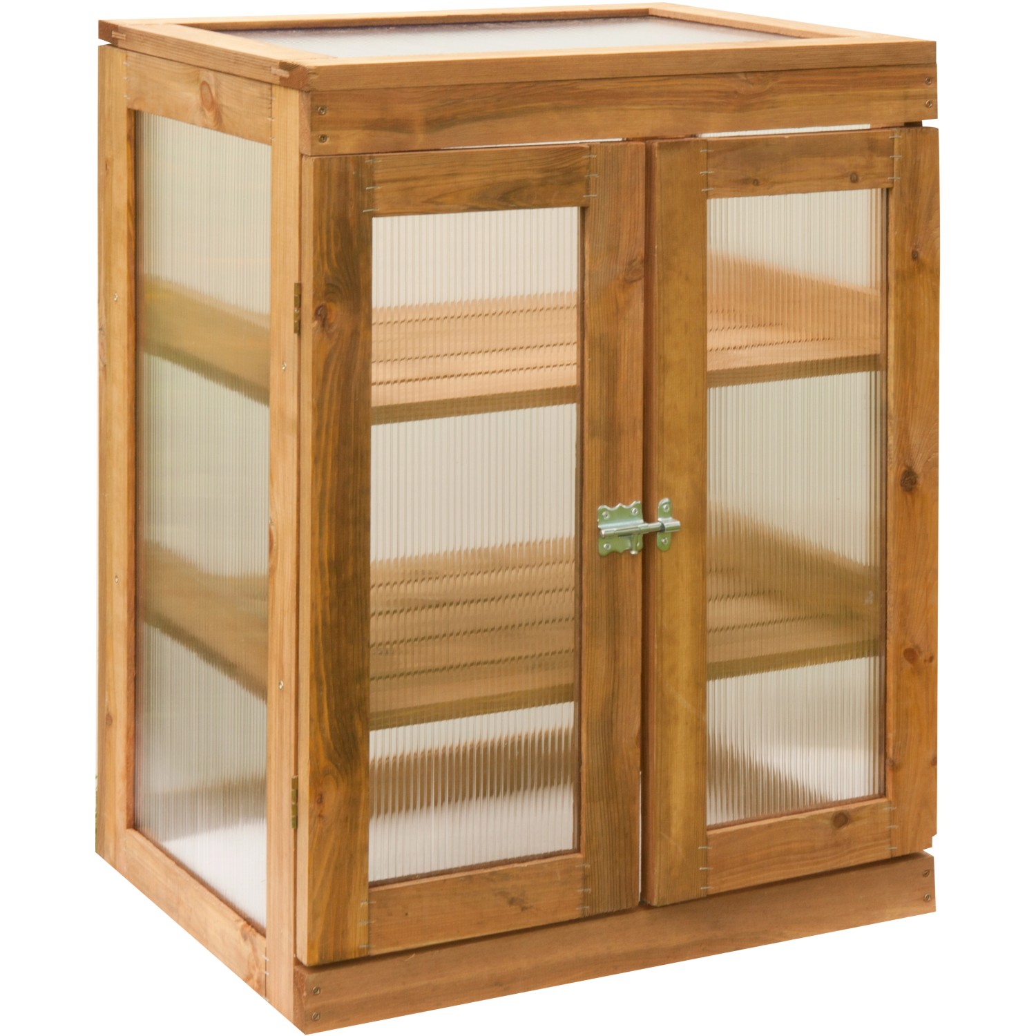 Kiehn-Holz Gartenschrank aus Kiefernholz, braun, mit zwei Regalböden und transparenten Polycarbonat-Scheiben.