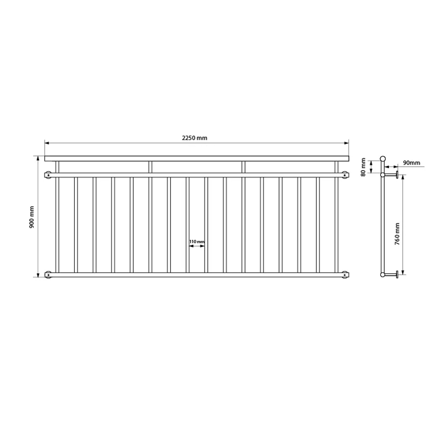 Technische Zeichnung: Französischer Balkon, 225x90cm, 16 Füllstäbe, Maße und Details zur Montage.