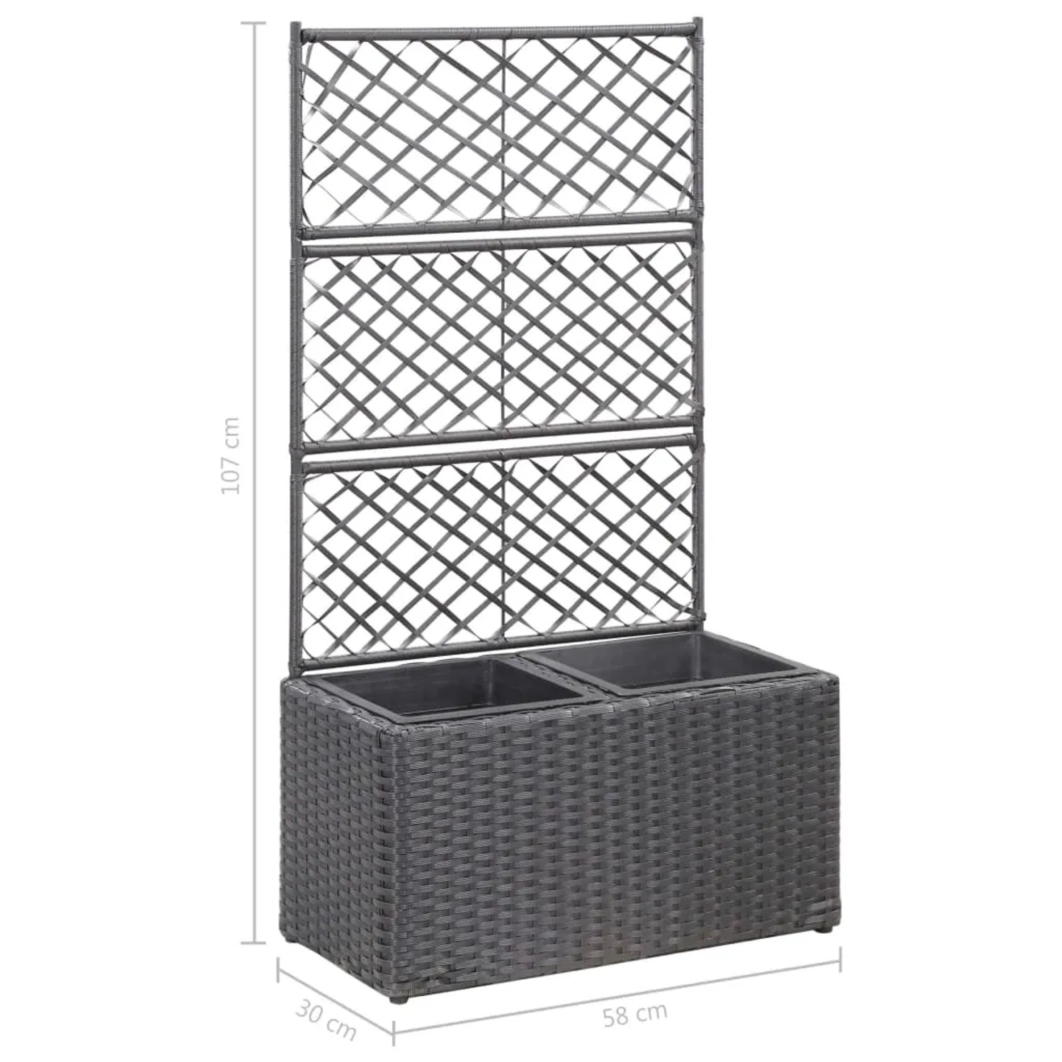 Schwarzes vidaXL Hochbeet mit Rankgitter und 2 Töpfen, ideal für Kletterpflanzen.