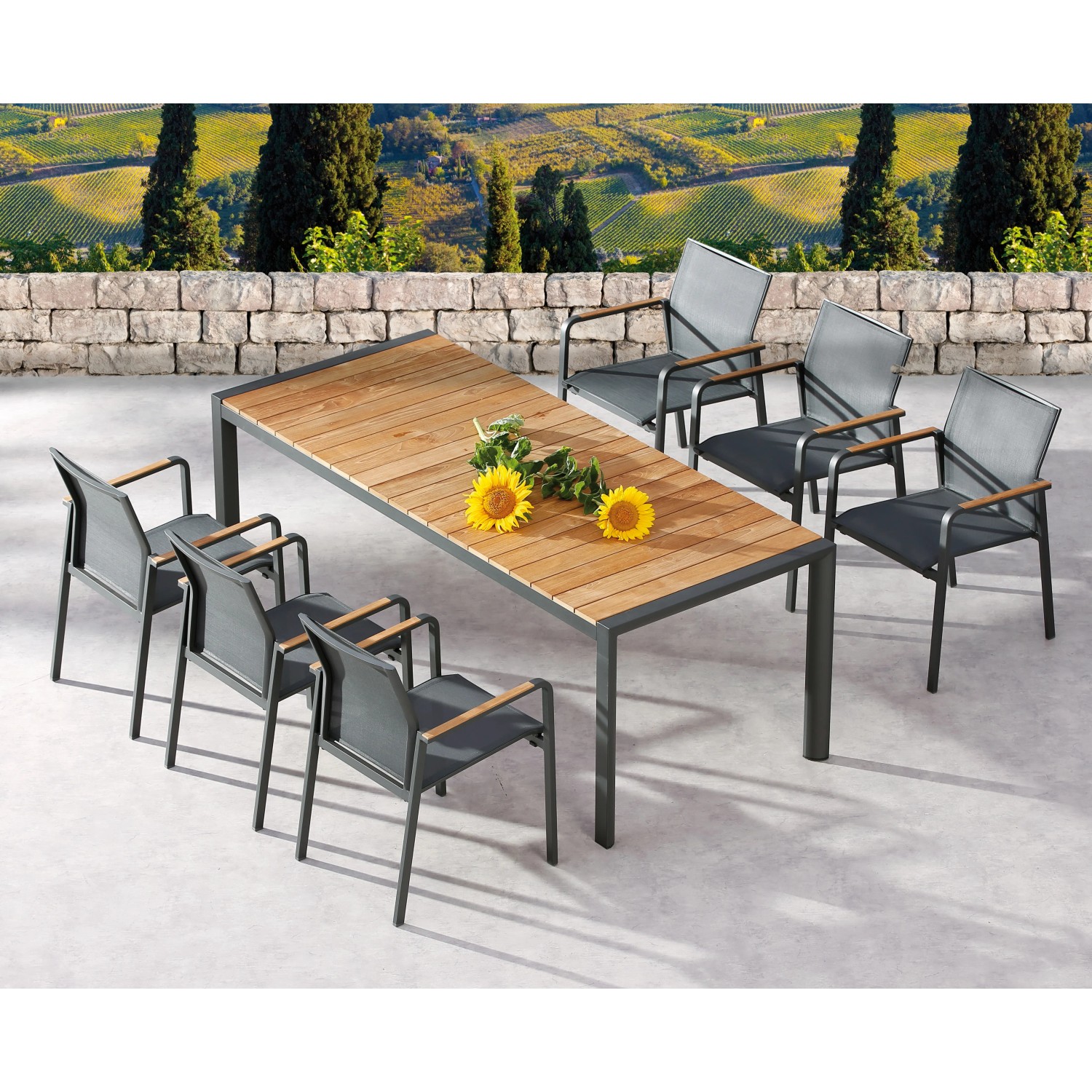 Rechteckiger, anthrazitfarbener Gartentisch mit sechs Stühlen der Marke Best Freizeitmöbel.