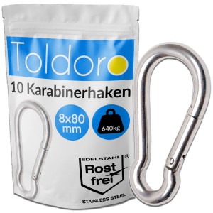 Toldoro 10er Set Edelstahl Karabiner 8x80mm, rostfrei, ideal für Sonnensegel und mehr.