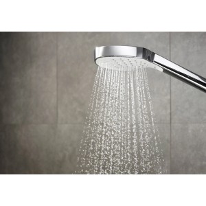 Hansgrohe Handbrause Croma Select E Vario, 3 Strahlarten, Weiß-Chrom, mit Wasserstrahl.