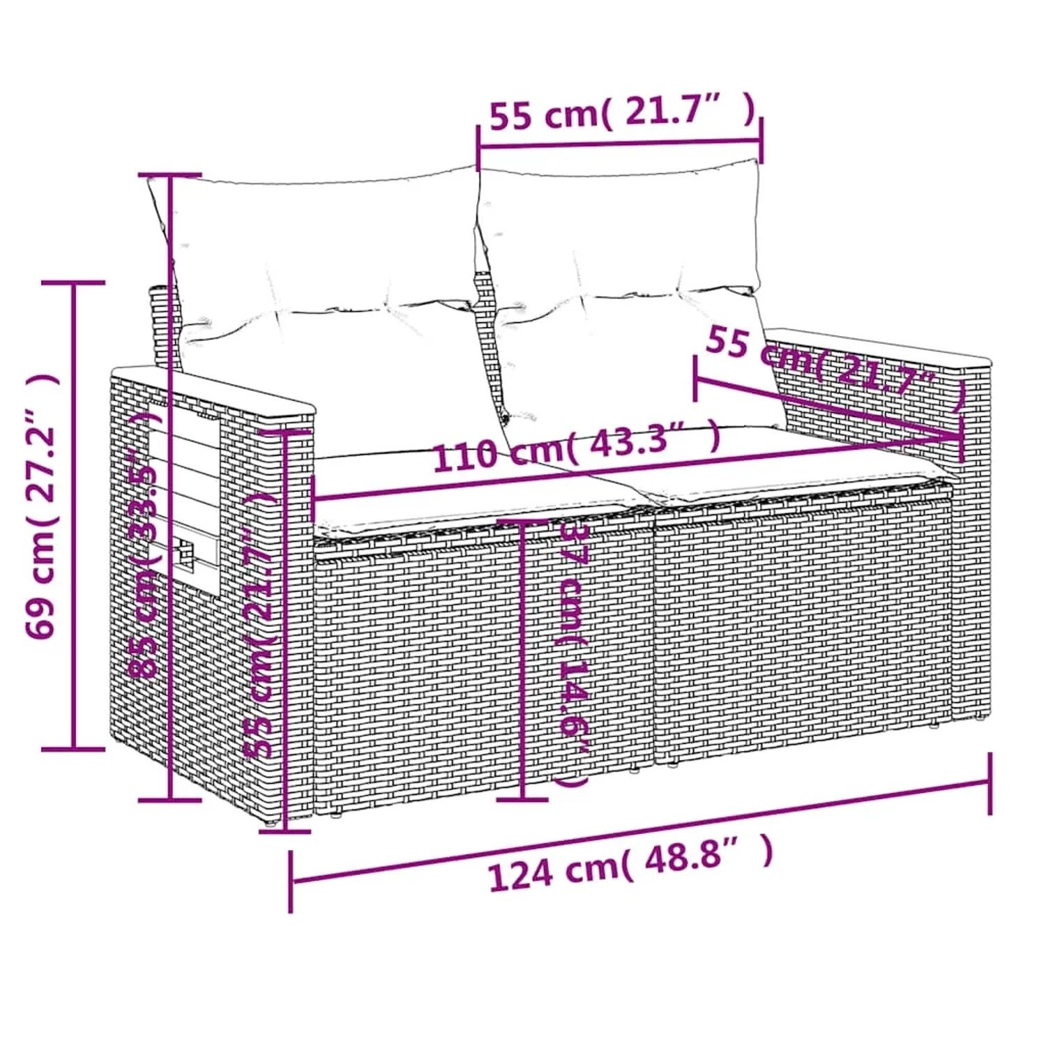 Maße des vidaXL 7-Tlg. Garten-Sofagarnitur aus Rattan in Beige mit hellgrauen Kissen.