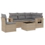 Beige 6-tlg. vidaXL Garten-Sofagarnitur aus Rattan mit hellgrauen Kissen und Tisch.