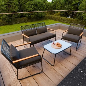 GARMIO Polyrattan Gartenmöbel Set mit Bank, Stühlen und Glastisch für 4 Personen.