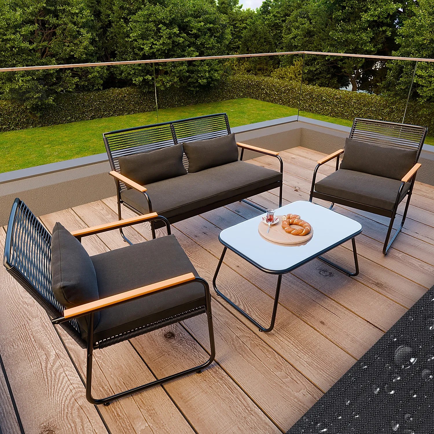 GARMIO Polyrattan Gartenmöbel Set mit Bank, Stühlen und Glastisch für 4 Personen.
