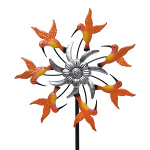 Orangefarbenes Deko-Windrad mit Kolibris aus Metall, 120 cm hoch für den Garten.