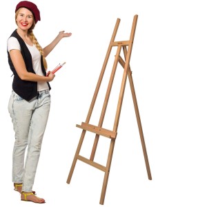 Artina Sevilla Staffelei aus Buchenholz mit Künstlerin, Dreifuß-Akademiestaffelei für Leinwände bis 120cm.