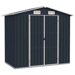 vidaXL Gerätehaus, anthrazitfarben, aus verzinktem Stahl, mit Doppeltür und Lüftungsgittern.