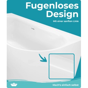 Detailansicht der Calmwaters Vorwand-Badewanne 160x75cm mit fugenlosem Design.