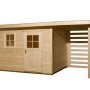 Unbehandeltes Holz-Gartenhaus mit Flachdach und Anbau, 430x280 cm. Ideal zur Lagerung im Garten.