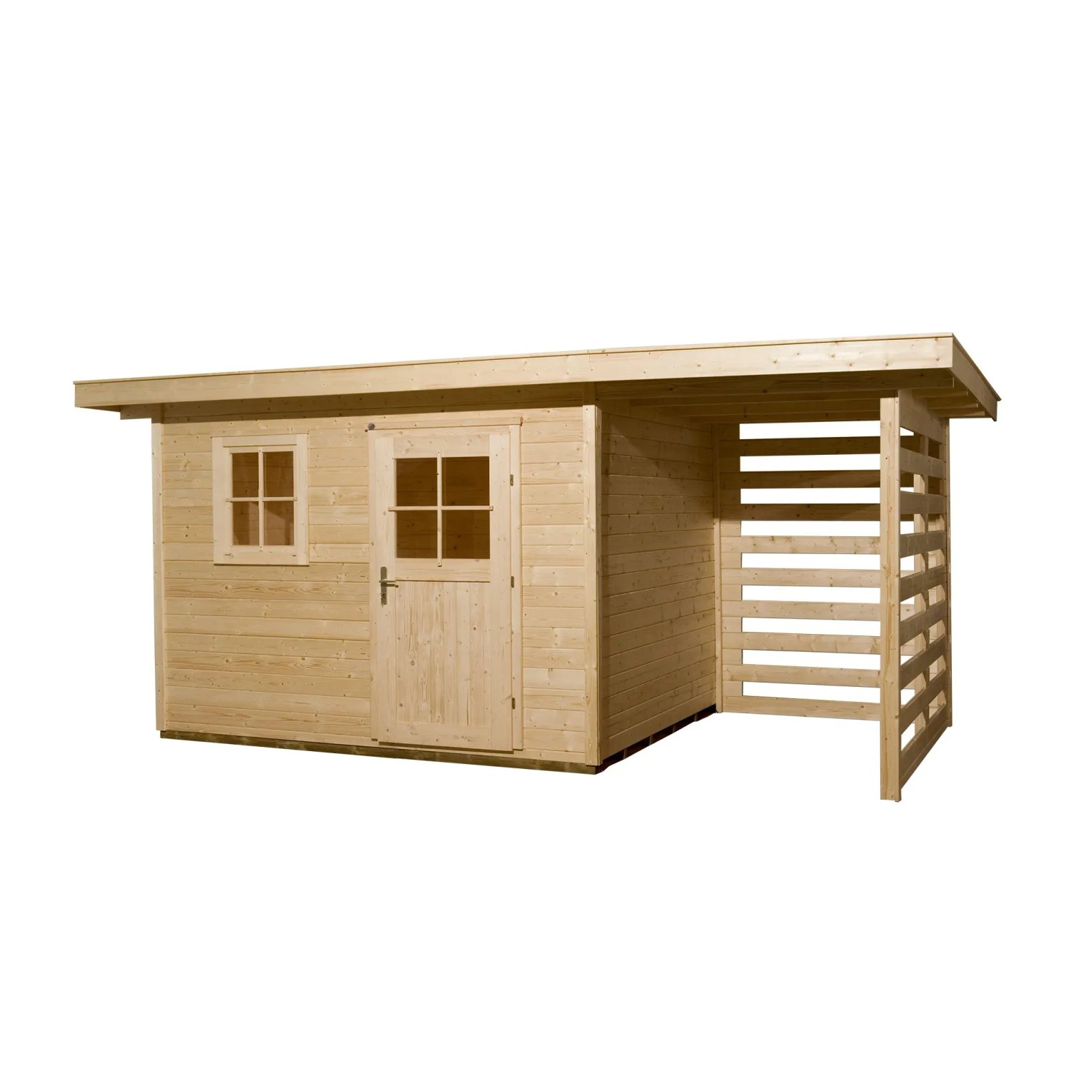 Unbehandeltes Holz-Gartenhaus mit Flachdach und Anbau, 430x280 cm. Ideal zur Lagerung im Garten.