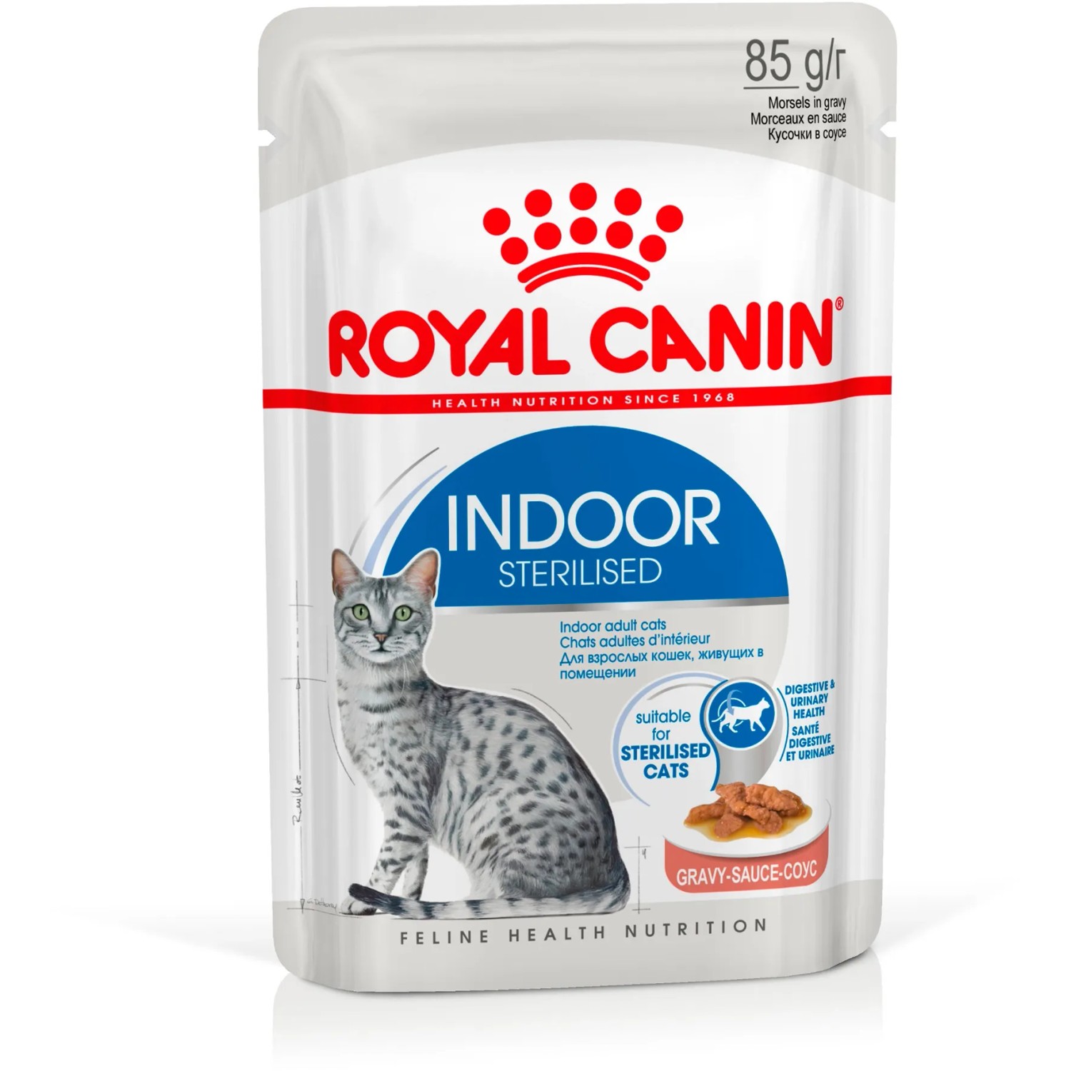 Royal Canin Indoor Sterilised Katzen-Nassfutter in Soße, 85g Portionsbeutel für Wohnungskatzen.