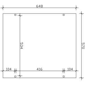 Skizze des Skan Holz Carport Westerwald Eiche hell (570x648cm) mit Maßangaben.