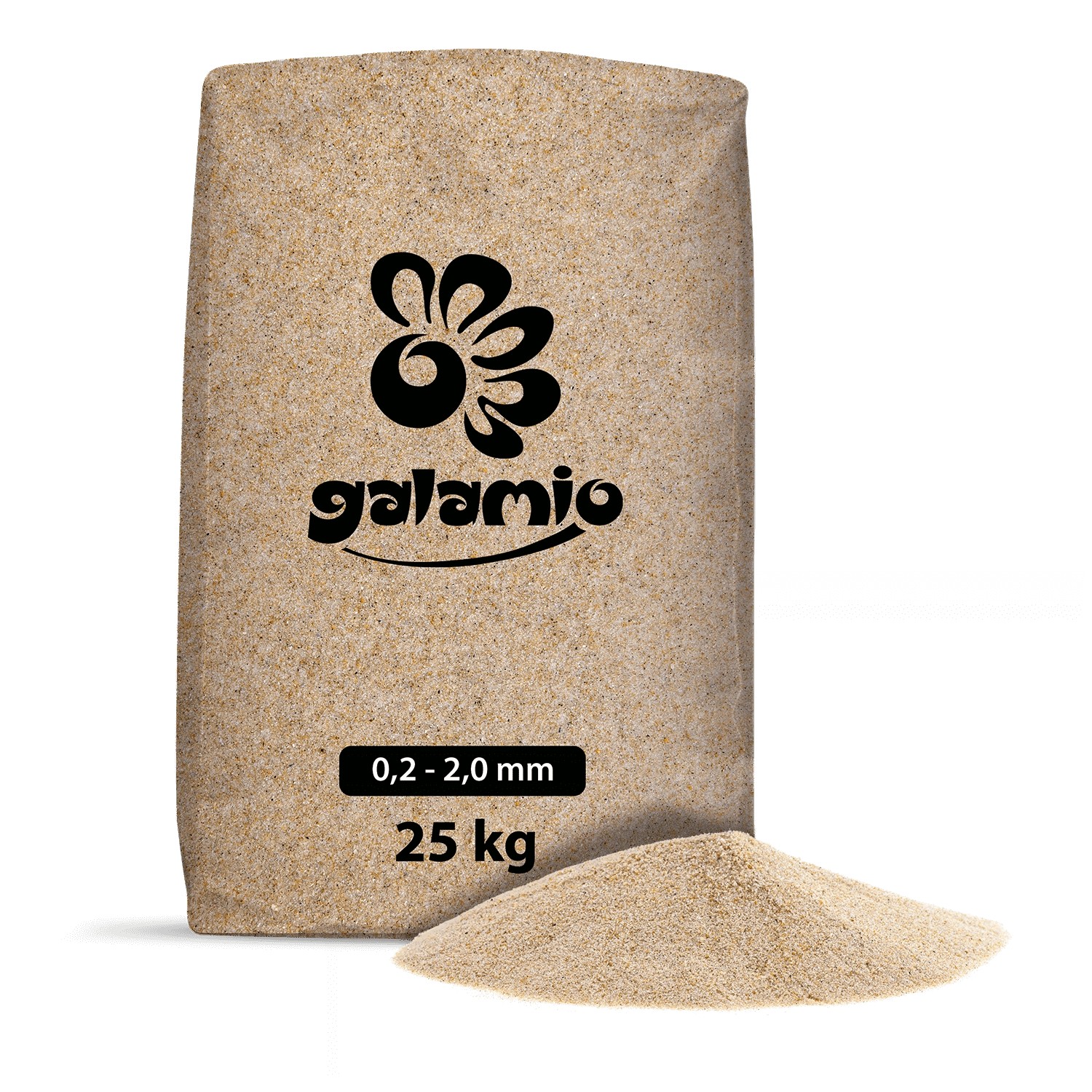 Sack Galamio Quarzsand (0,2-2,0 mm, 25 kg) auf Palette. Schüttgut für vielfältige Anwendungen.