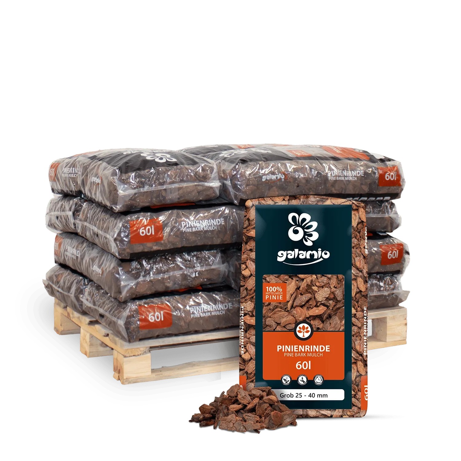 Galamio Rindenmulch Pinie Grob 60l x 12 Sack 720l 12er Palette
