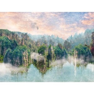 Fototapete mit Landschaftsmotiv in Grün, Blau und Braun. Natur Tapete für Wohnräume.