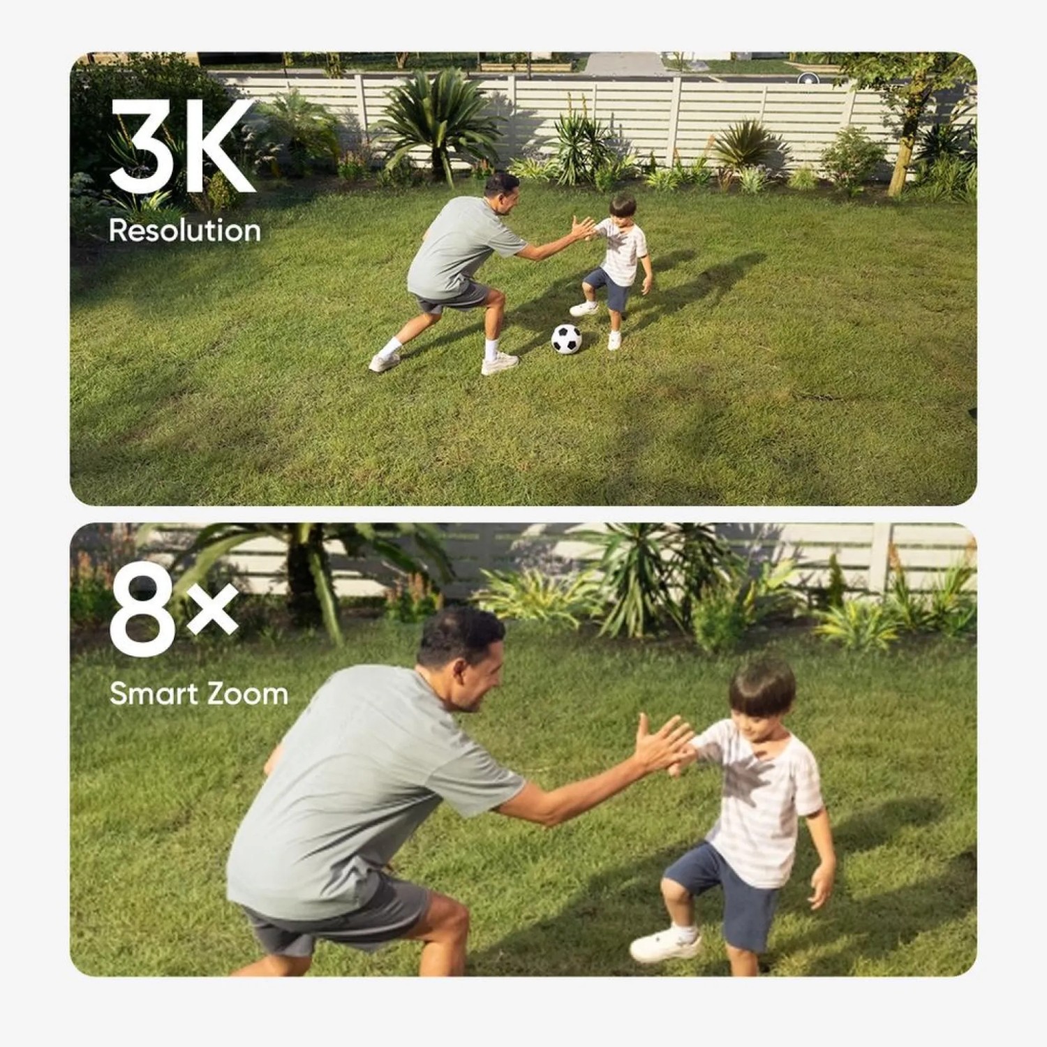 Eufy Flutlichtkamera E340: Vater und Sohn spielen Fußball im Garten, aufgenommen in 3K und mit 8x Zoom.