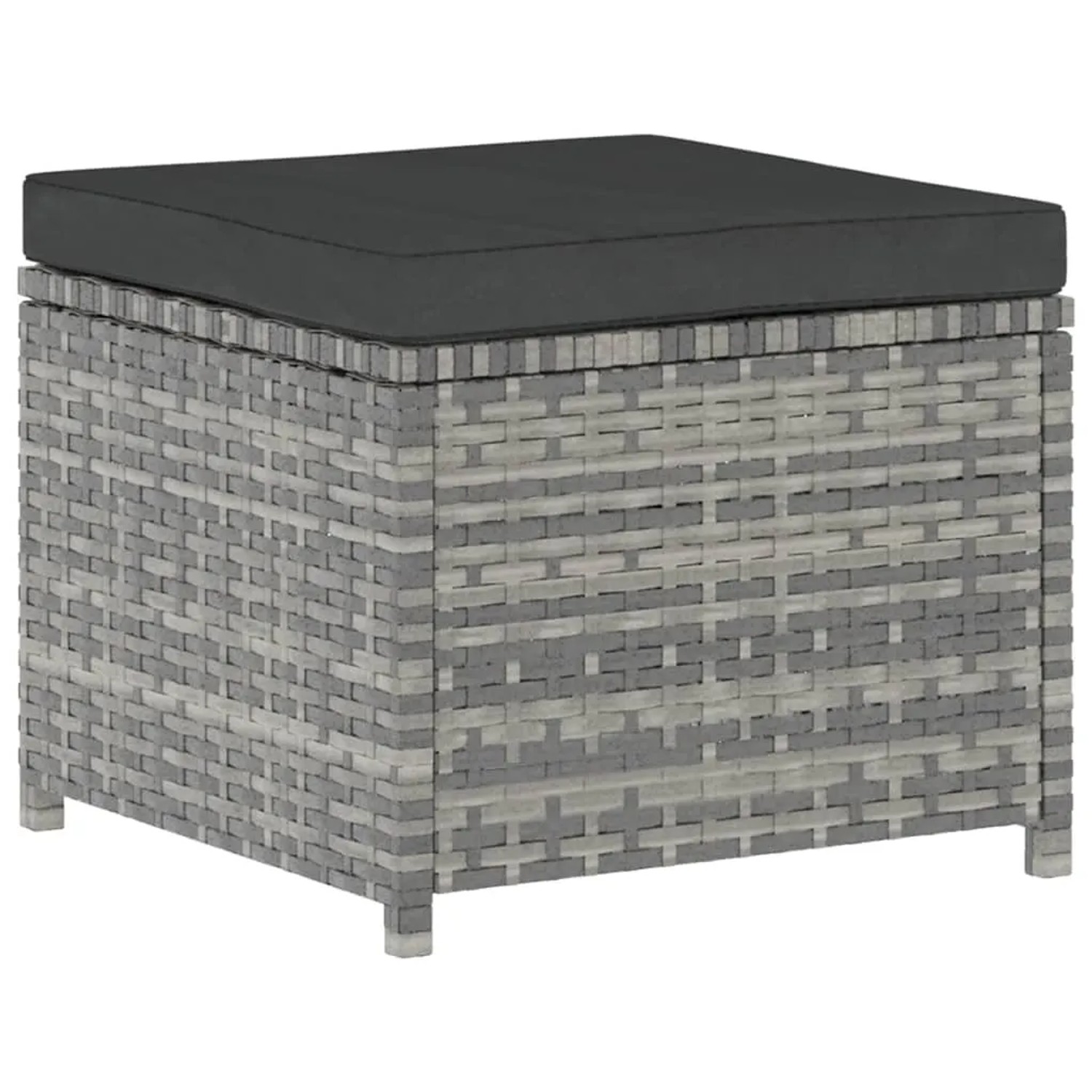 Hocker aus grauem Rattan mit dunkelgrauem Kissen, Teil des vidaXL Garten-Lounge-Sets.