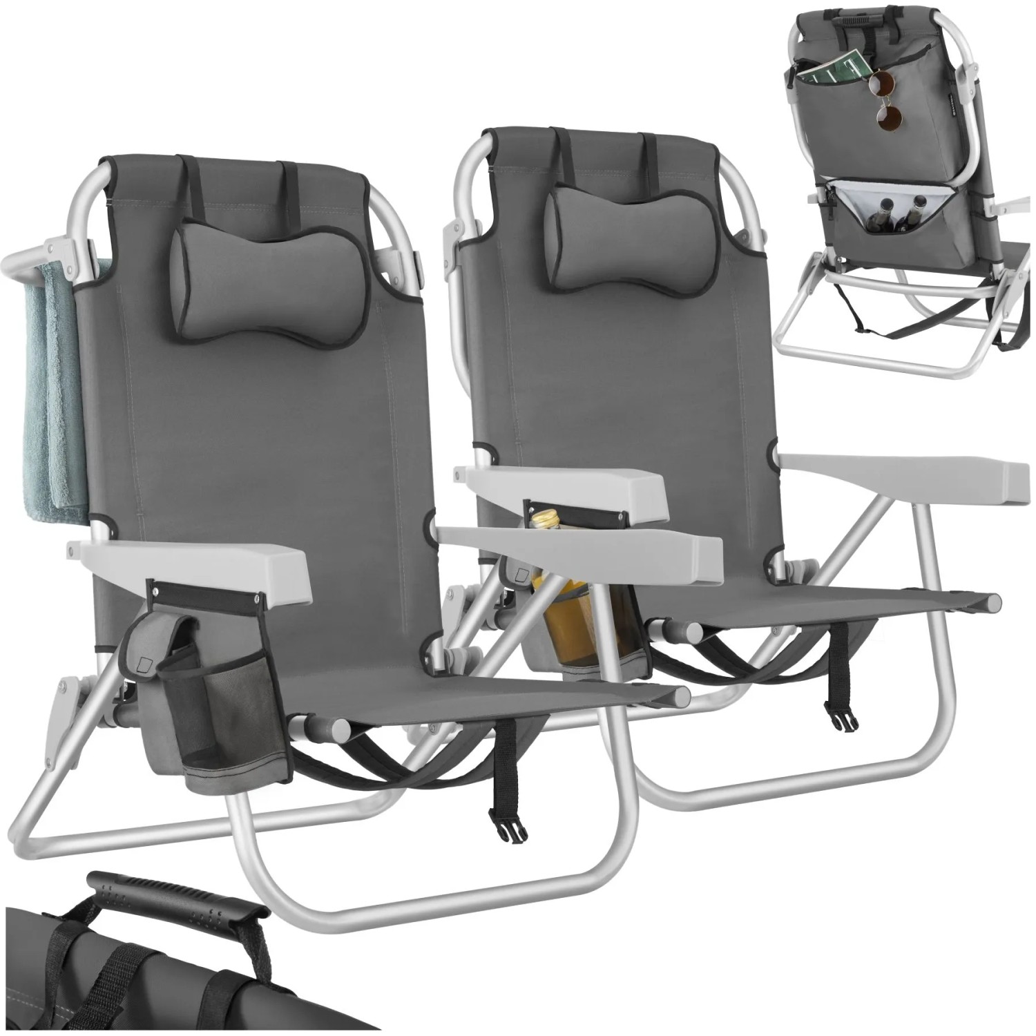 Tectake Aluminium Strandstuhl Coral Klappbar  Mit Rucksackfunktion Wetterfest und Uv Beständig 2Er Set 101 x 63 x 78 cm Grau
