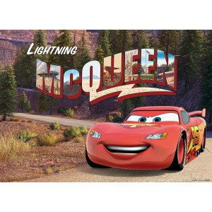 Disney Cars Fototapete mit Lightning McQueen in Rot, Grün und Beige, 160x110 cm.