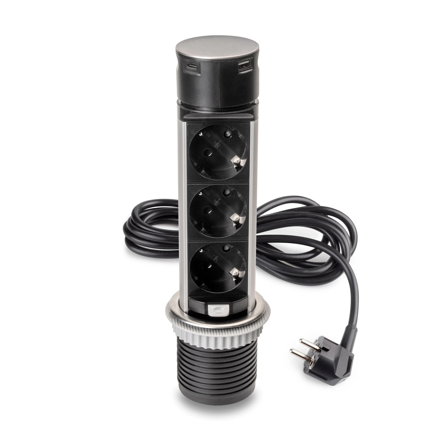 Emuca Abnehmbarer Multistecker Vertikal Push 60 Durchmesser 60 mm 3 X Schukostecker 1 X USB Typ A 1 X USB Typ C Stahl und Kunststoff Edelstahl