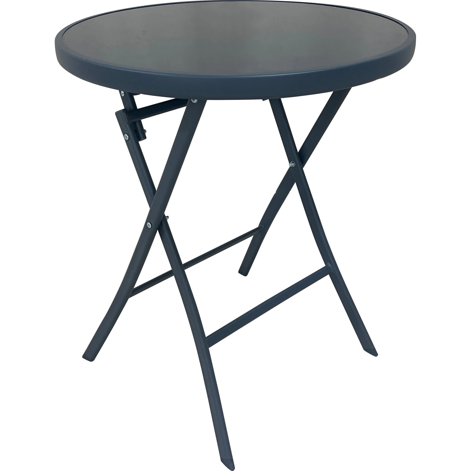 Klappbarer Balkontisch Rivadavia, Stahl Anthrazit, mit runder Glasplatte. Ideal für kleine Balkone.