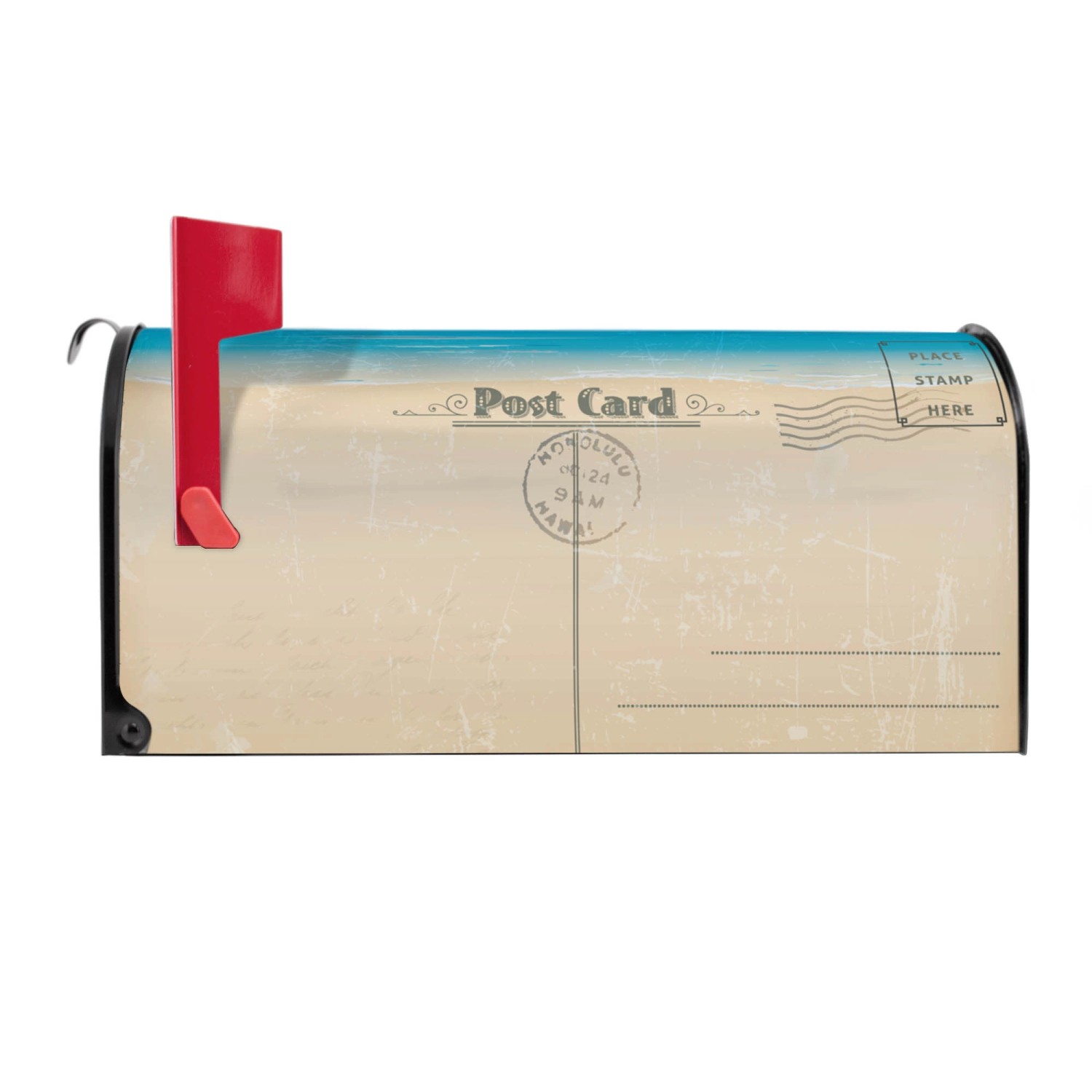 Schwarzer Banjado US Briefkasten mit Postkarten Motiv und roter Fahne.