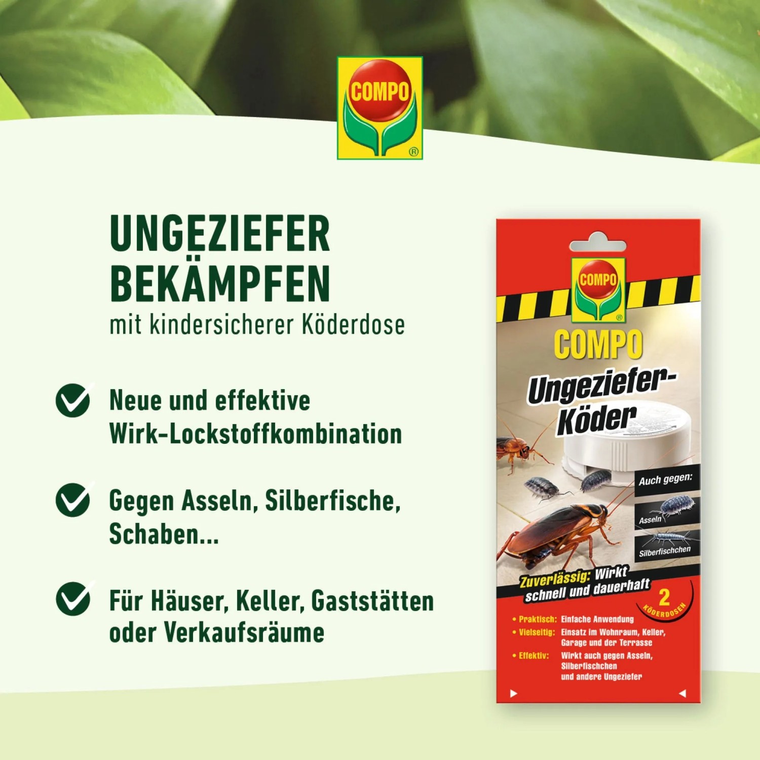 Compo Ungeziefer-Köder: 2 Köderdosen zur Bekämpfung von Asseln, Silberfischen und Schaben im Innenbereich.