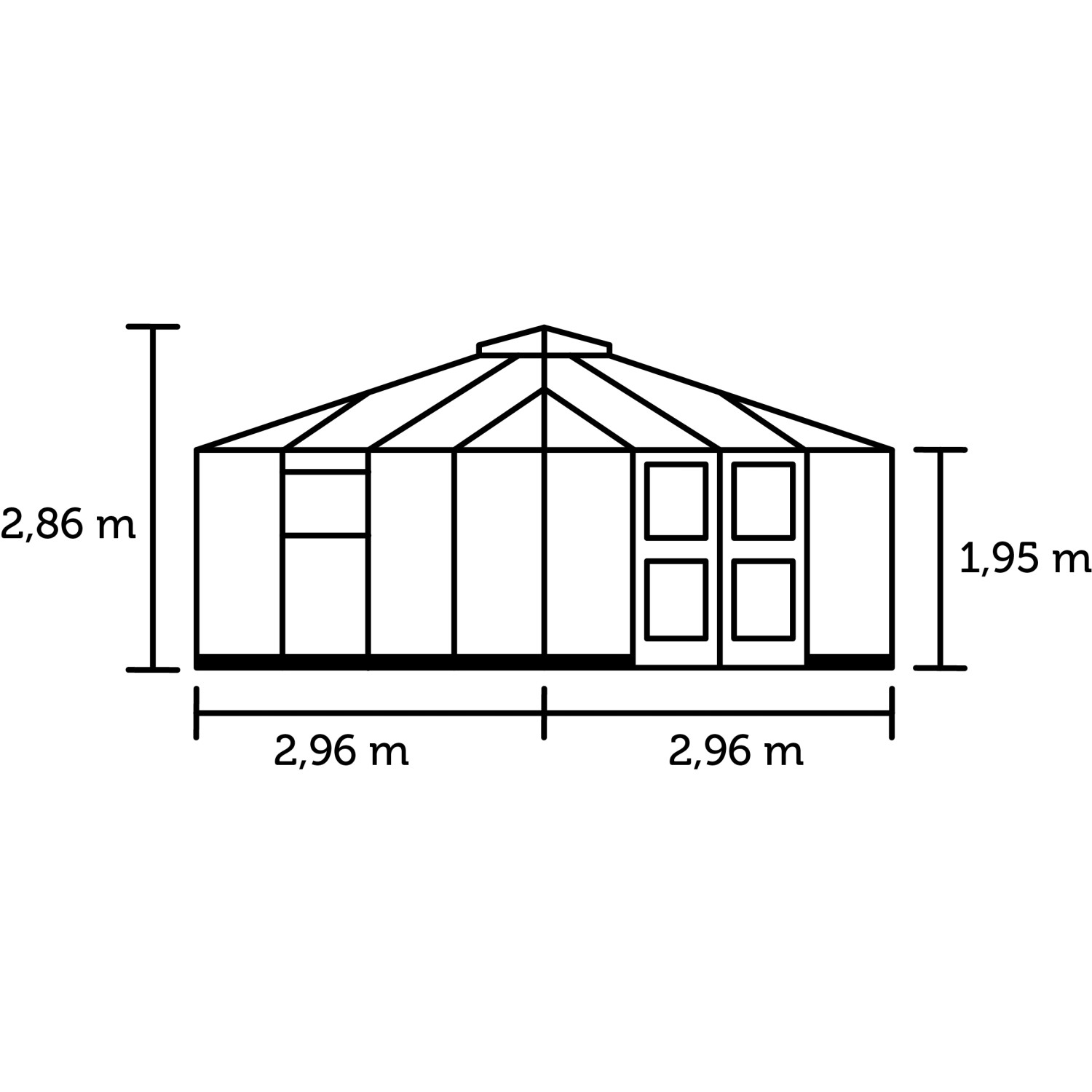 Skizze Juliana Gewächshaus Oase 8 Anthrazit mit Maßangaben zu Höhe und Breite.