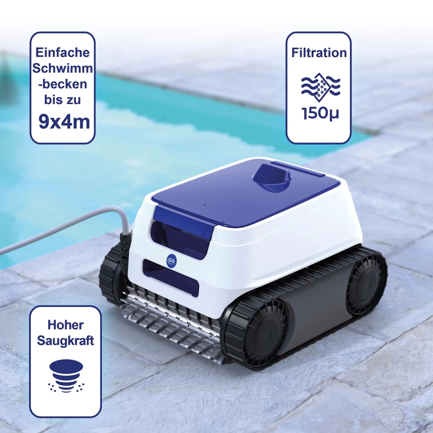 Gre Akku-Poolroboter ER230, weiß, mit 4000 mAh Akku. Reinigt Becken bis 7x5 m kabellos.