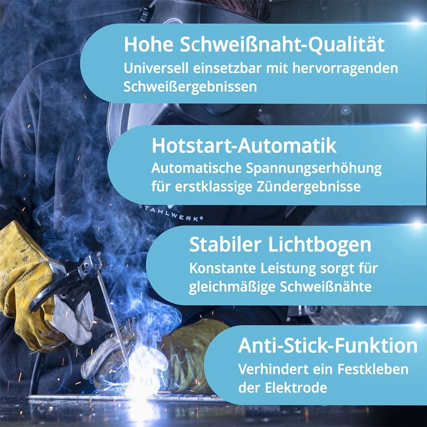 STAHLWERK ARC 200 MD Schweißgerät in Aktion beim Elektrodenschweißen mit Schweißhelm.