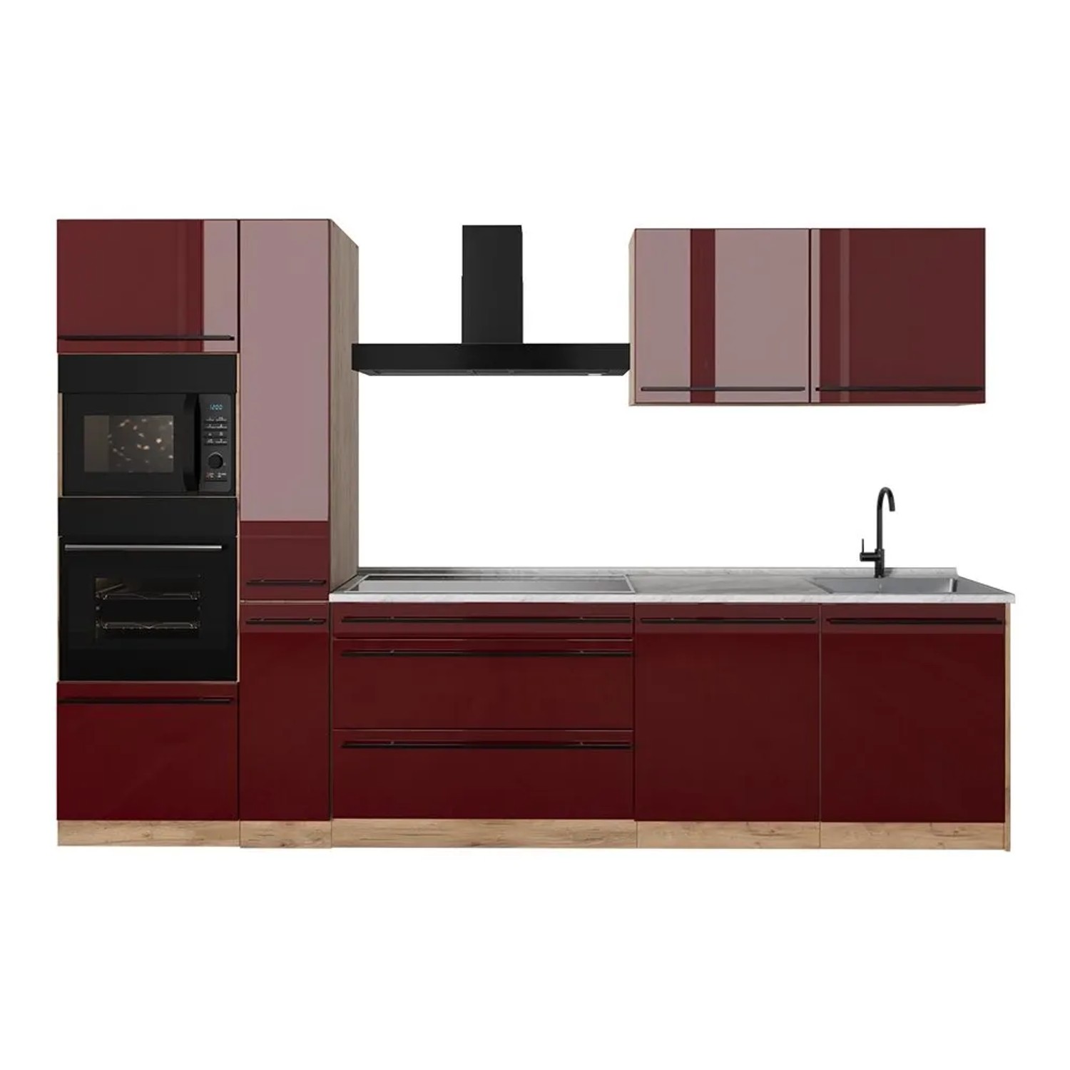 Vicco Küchenzeile R-Line Rot Hochglanz/Goldkraft Eiche 310 x 207 Arbeitsplatte Marmor Art Nr 66443