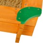 Detailansicht: Gaspo Sandkasten Felix 100x100 mit grünen Schutzecken und Holzstruktur.
